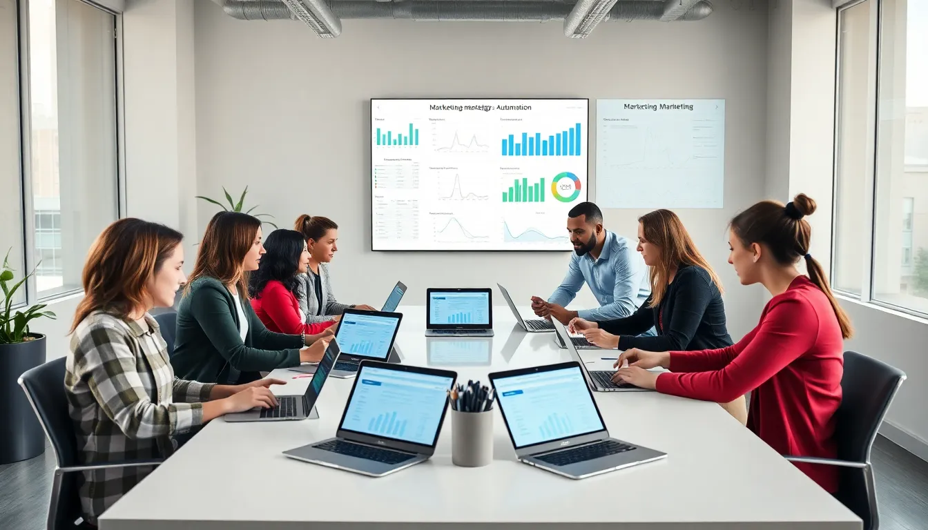 diverse team collaborating in a modern martech agency office.
