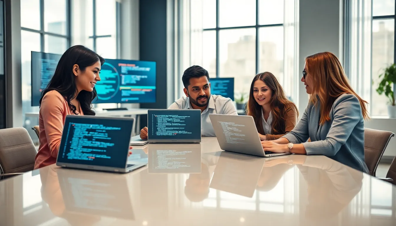 diverse team discussing software programming in a modern office.