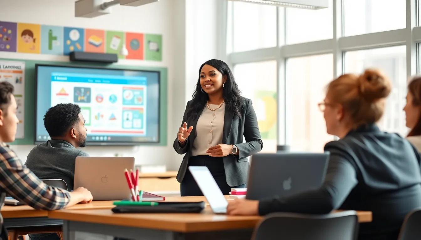 Ed Tech professional leading a workshop with diverse teachers in a modern classroom.