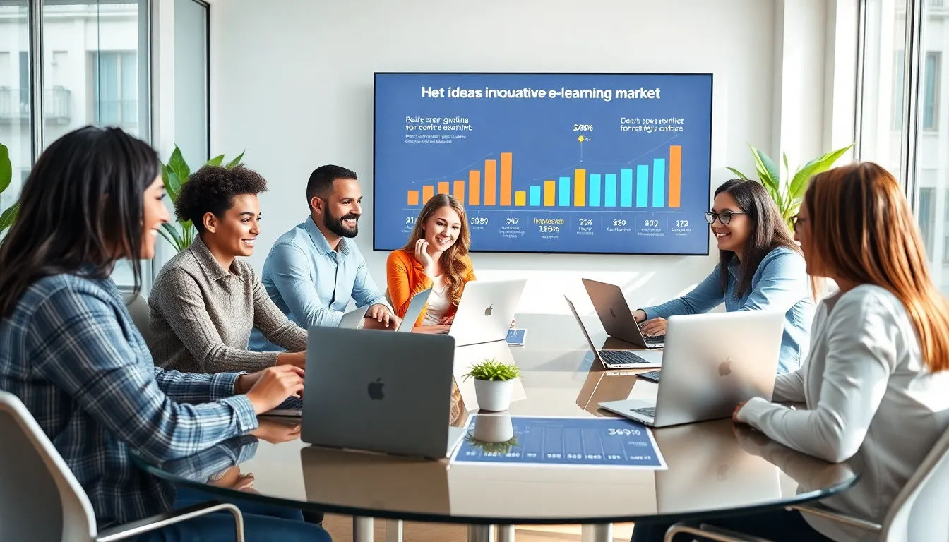 diverse professionals collaborating on e-learning projects in a modern office.